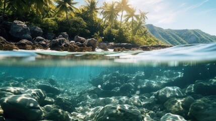 Fototapeta na wymiar A serene underwater view of a rocky beach with palm trees. Perfect for travel or nature-themed designs