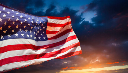 National American silk fabric flag waving in dark sky. Symbol of the United States of America.