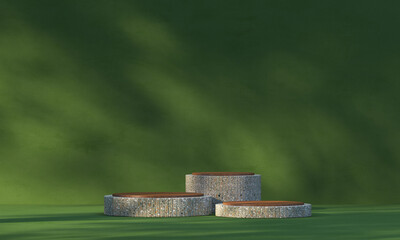 3D display platform with different formats with a backdrop The back is multicolored and has a tree silhouette.