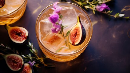 Fig and Honey Bourbon Fizz drinks on a Table with Beautiful Lighting