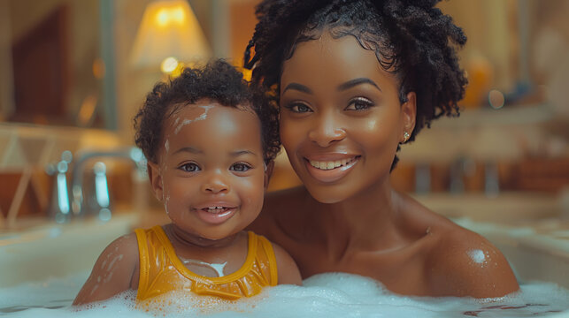 crazy young black woman and her toddler having fun in the bathroom. close up shot, enteratinment. free time, lifestyle.generative ai