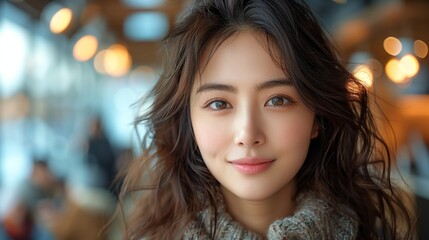 Fototapeta premium The girl's inviting smile and sparkling eyes radiate warmth and comfort. Reflecting the warm and comfortable atmosphere around her.