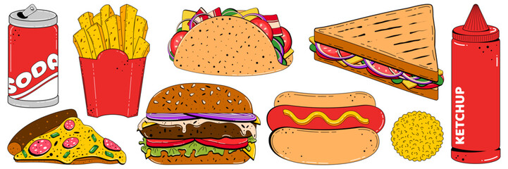 Fast food color set in retro linear style. Vector illustration of hamburger, french fries, soda, ketchup, slice of pizza, hot dog, sandwich, hand drawn.