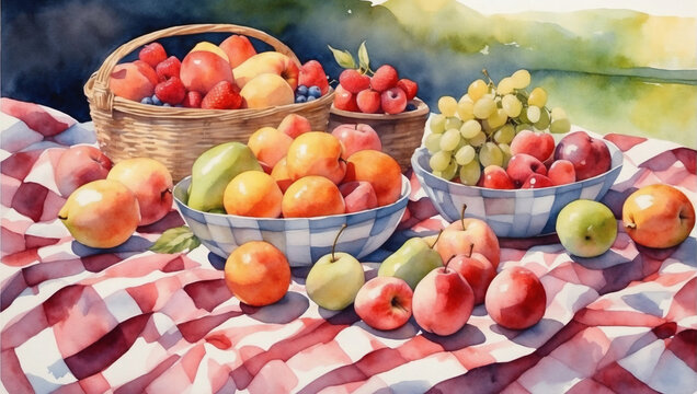 Watercolor summer picnic scene with a checkered blanket and fresh fruits.