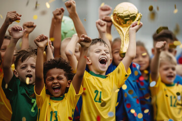 Happy kids celebrating winning the soccer football tournament. Multiethnic group of happy children raising hands in joy during football ceremony. Boys in soccer jersey shirts have fun in victory - obrazy, fototapety, plakaty