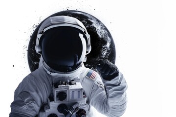 An astronaut in a space suit holding a snowboard, perfect for winter sports concept