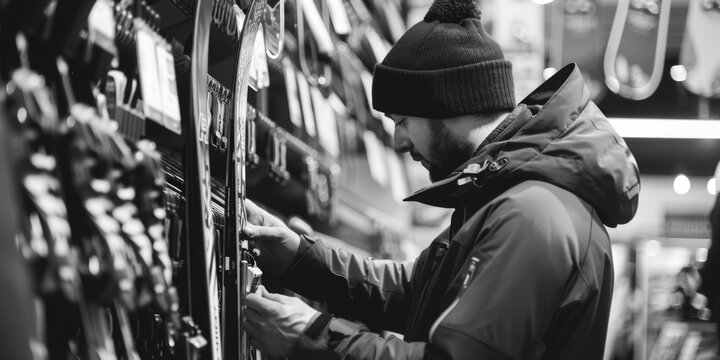 Man browsing skis in a sports store, ideal for winter sports concept