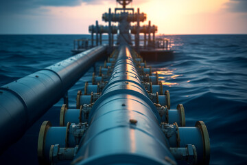 Close-up of an offshore pipeline leading to a platform at sunset, symbolizing energy transportation. - obrazy, fototapety, plakaty