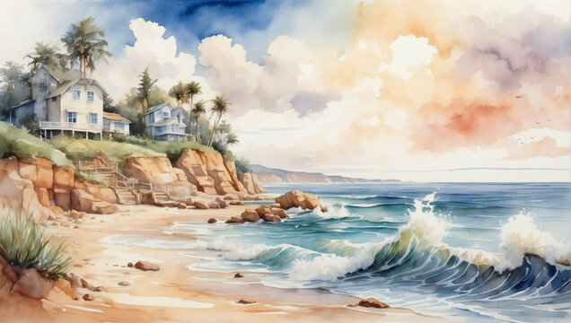 Watercolor seaside scene with crashing waves and a sandy beach. Coastal landscape painting.