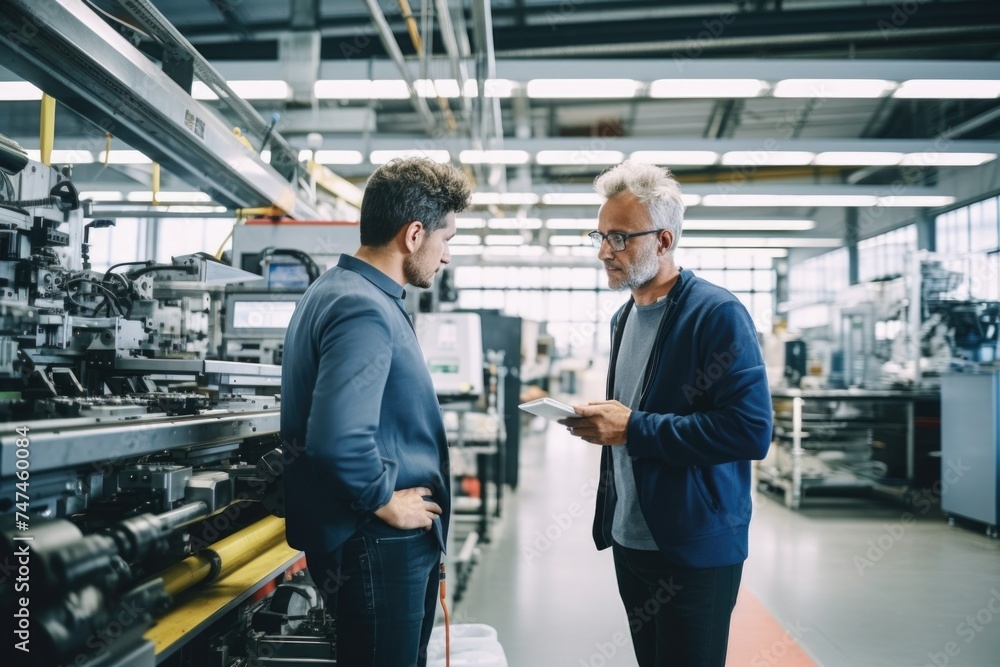 Aufkleber two men having a conversation in a factory setting. suitable for business and industrial concepts