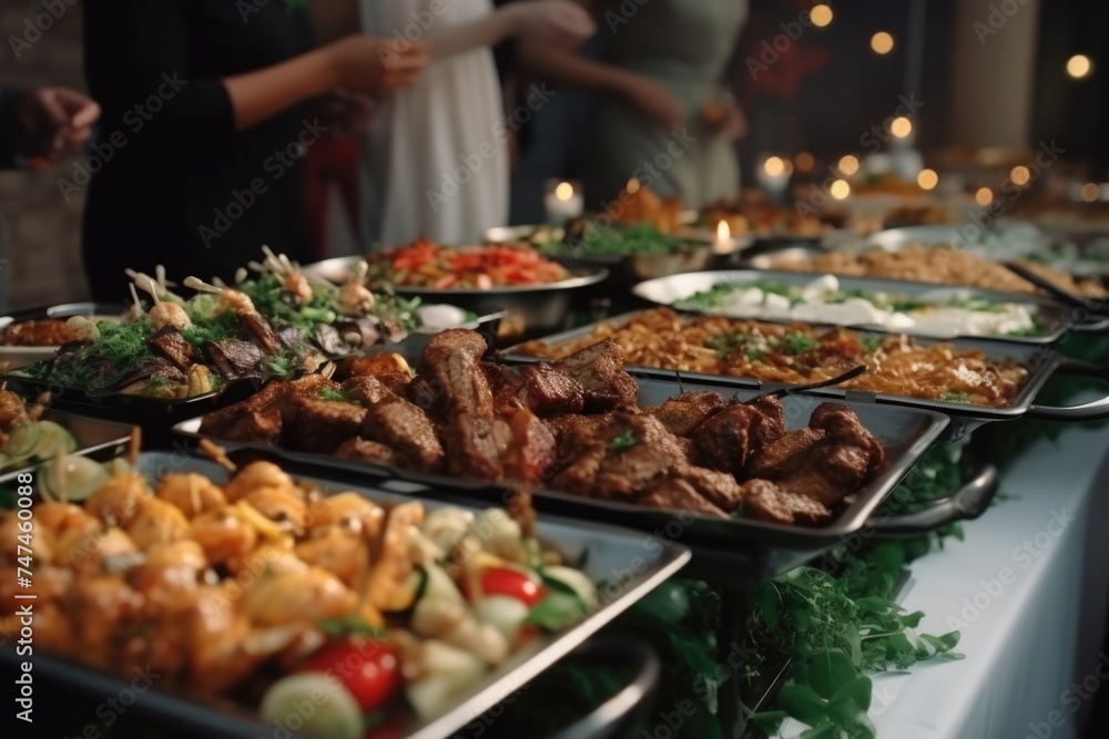 Aufkleber A wide selection of different types of food on a buffet table. Perfect for catering and event planning