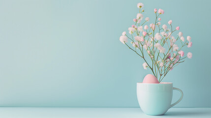 easter eggs and flowers and a cup on a blue background convey the anticipation of easter with copy space, created with generative AI technology - obrazy, fototapety, plakaty