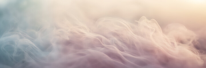 Close-up photograph of delicate wisps of smoke gently unfurling against a background of soft, pastel hues. - obrazy, fototapety, plakaty