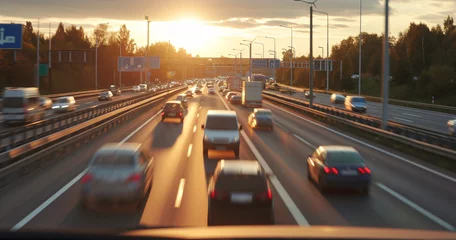 Foto op Plexiglas Golden sunset over a bustling highway with blurred motion of vehicles in commute. © Creative Clicks