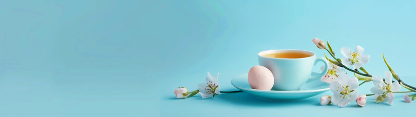 Obraz na płótnie Canvas easter eggs and flowers and a cup on a blue background convey the anticipation of easter with copy space, created with generative AI technology