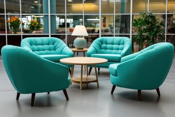 A pair of chairs and a table placed in a room