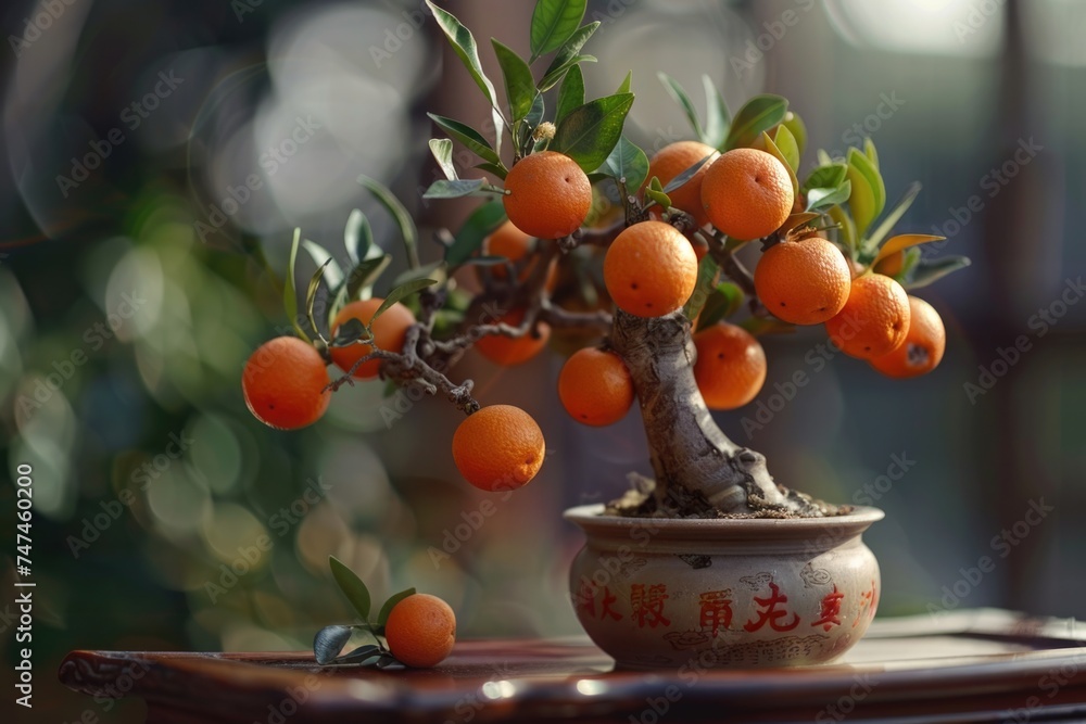 Poster a unique bonsai tree with oranges growing on it, perfect for adding a touch of nature to any project