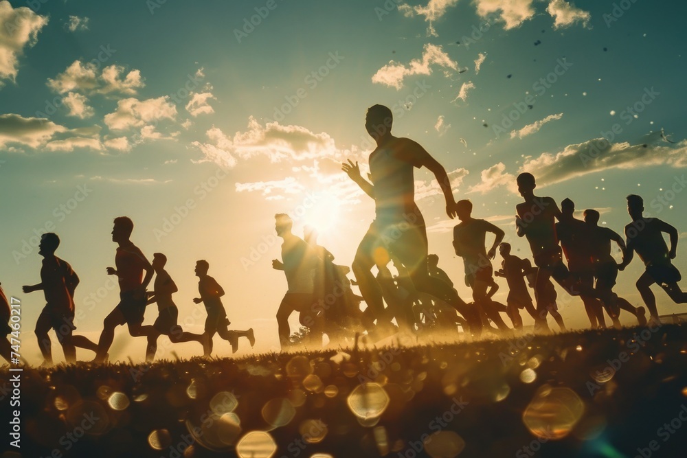 Poster a group of people running together in a field. suitable for sports or teamwork concepts