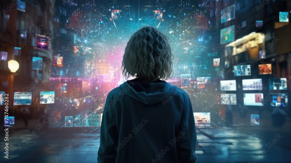 Poster a person standing in front of multiple television screens, suitable for technology concept