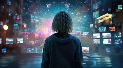 A person standing in front of multiple television screens, suitable for technology concept