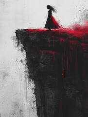 An abstract painting featuring a solitary figure on a cliff with a stark red splash, evoking themes of solitude and emotion.
