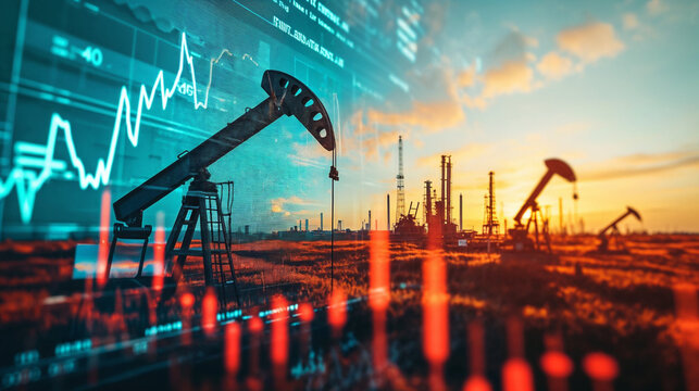 Oil pumps and refinery operations with a financial performance graph overlay, symbolizing the oil industry economy. - Powered by Adobe