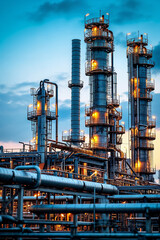 Twilit view of a petrochemical industrial plant with lit distillation towers and complex piping.