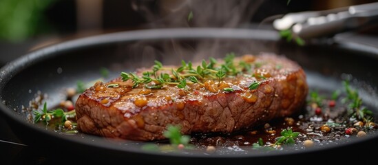 Cooking pan seared ribeye steak