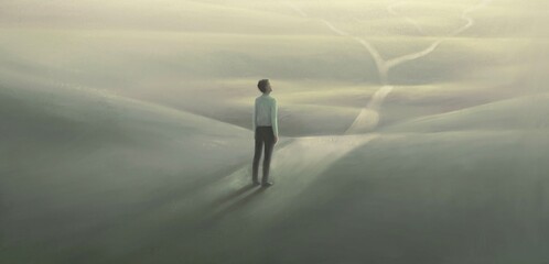Lonely business man and the road. surreal art. loneliness and way concept. conceptual artwork.