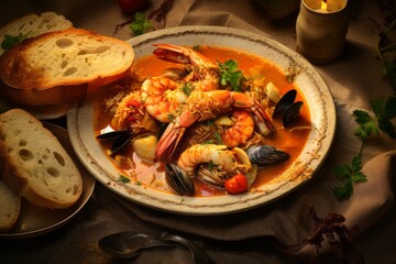Detailed close-up photography of a tasty bouillabaisse on a porcelain platter against a rustic textured paper background. AI Generation