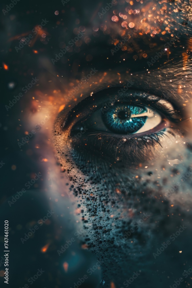 Poster a dramatic close up of a person's eye with fiery background. suitable for concepts of intensity and 