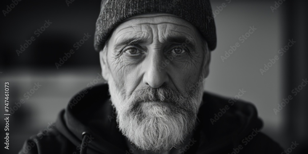 Poster a monochrome image of a man with a beard, versatile for various projects