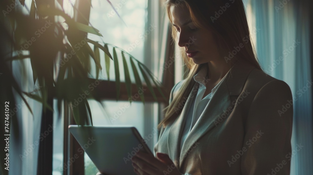Poster woman holding a tablet in front of a window. suitable for technology concepts
