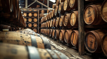 Rows of aged whiskey barrels stored in a distillery warehouse, illustrating the aging process of spirits.