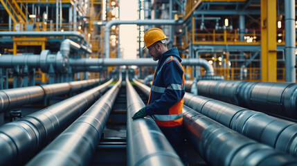 A worker in protective gear examining large pipelines at an industrial plant.