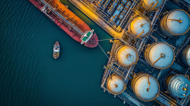 A breathtaking aerial shot capturing the vastness of an industrial harbor with ships and storage tanks at dusk.