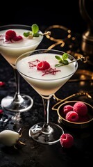 Lychee Sake Martini drinks on a Table with Beautiful Lighting