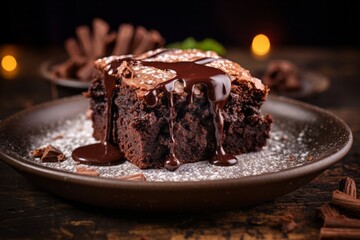 Highly detailed close-up photography of a delicious brownie on a rustic plate against a rustic textured paper background. AI Generation