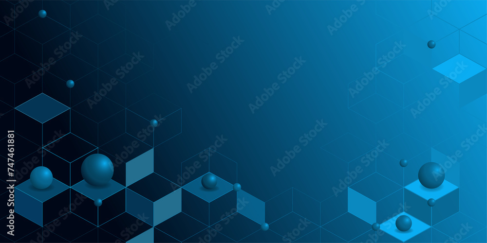Poster blue gradient background with cubic and spherical elements for web design, technology theme presenta