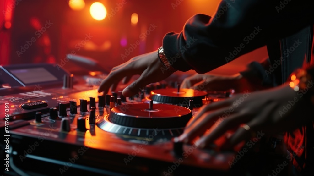 Poster Close up of a person using a DJ controller. Suitable for music industry concepts