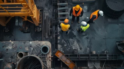 Foto op Canvas Industrial workers in safety vests and hard hats collaborating on a project, engineer, industrial, safety, construction, factory, building, development, architect, production © pinkrabbit