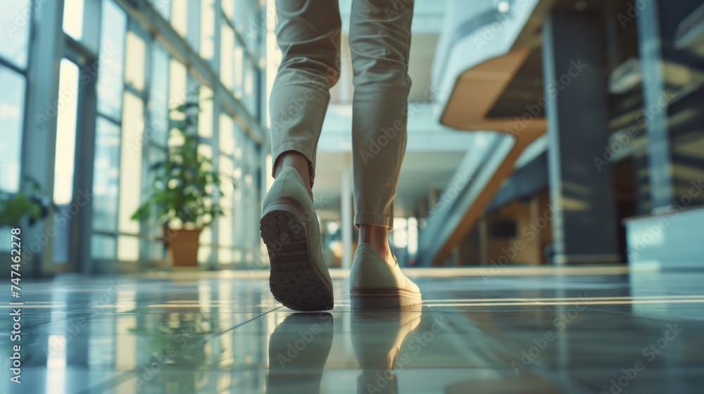 Poster a person walking down a tiled floor in a building. suitable for illustrating office spaces or interi