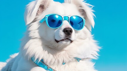 White Dog Wearing Blue Sunglasses on Sunny Day