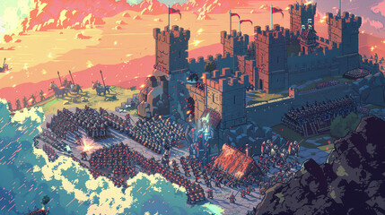 A vibrant 16-bit pixel art scene of a fantasy epic battle war at the castle - obrazy, fototapety, plakaty