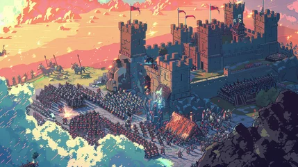 Fotobehang Fantasie landschap A vibrant 16-bit pixel art scene of a fantasy epic battle war at the castle