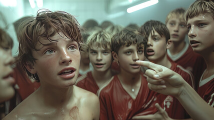 13-year-old boys in a football locker room, teasing a sad friend with a smartphone, while donning amaranth football shirts and white trousers.generative ai