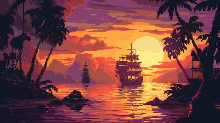 Nostalgic 8-bit pixel art of a pirate ship anchored at a tropical bay during a vibrant sunset - obrazy, fototapety, plakaty