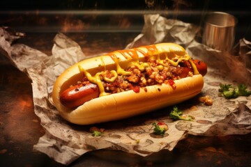 Macro detail close-up photography of a delicious hot dog on a metal tray against a rustic textured paper background. AI Generation