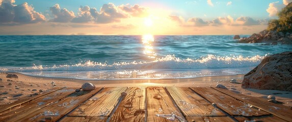 a wooden table on the beach, with the water next to it - obrazy, fototapety, plakaty