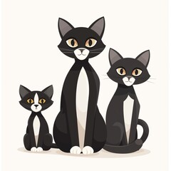 Three family black -and- white cats isolated on a white background
